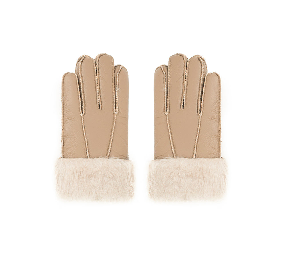 Leather Fluffy Sheepskin Wool Stitching Gloves