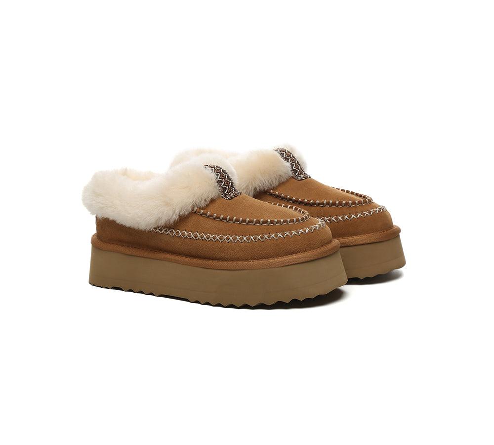 UGG Slippers Women Sheepskin Wool Collar Ankle Platform Santana - Huakoa