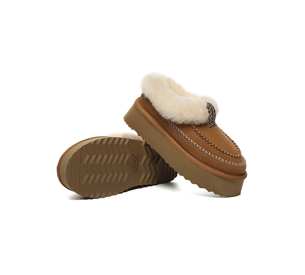 UGG Slippers Women Sheepskin Wool Collar Ankle Platform Santana - Huakoa